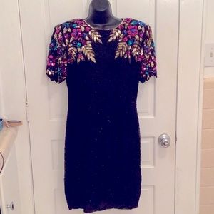 Vintage Stenay Black Multicolor Silk Beaded Sequin Evening Party Dress Size 12